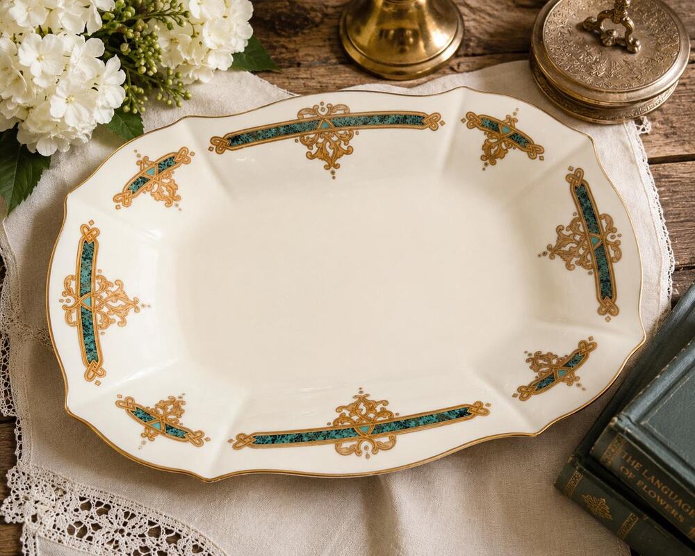 Vintage Lenox Catalan Serving Tray | Teal Gold Porcelain Platter (12.5" L)